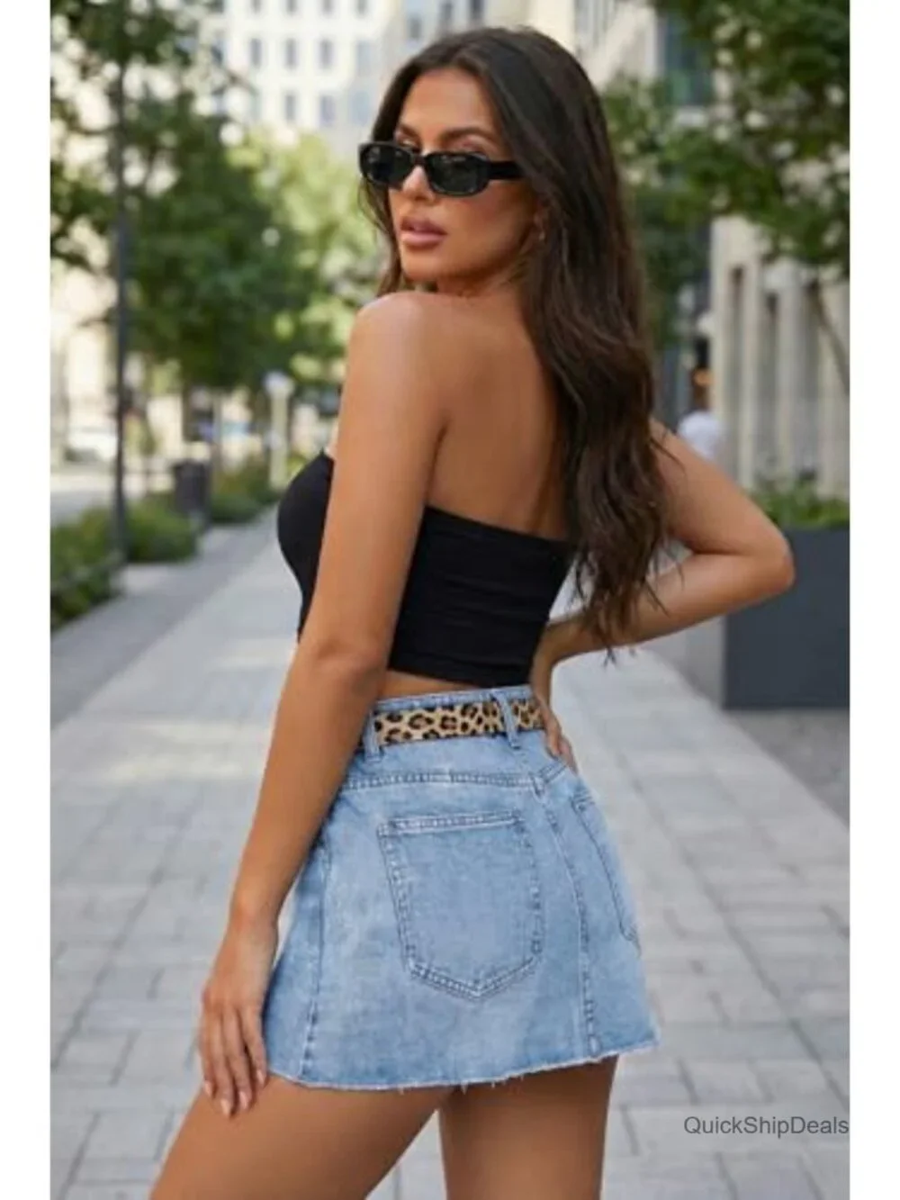 Womens Mini Denim Skirt High Stretch Raw Hem 2 Pockets
